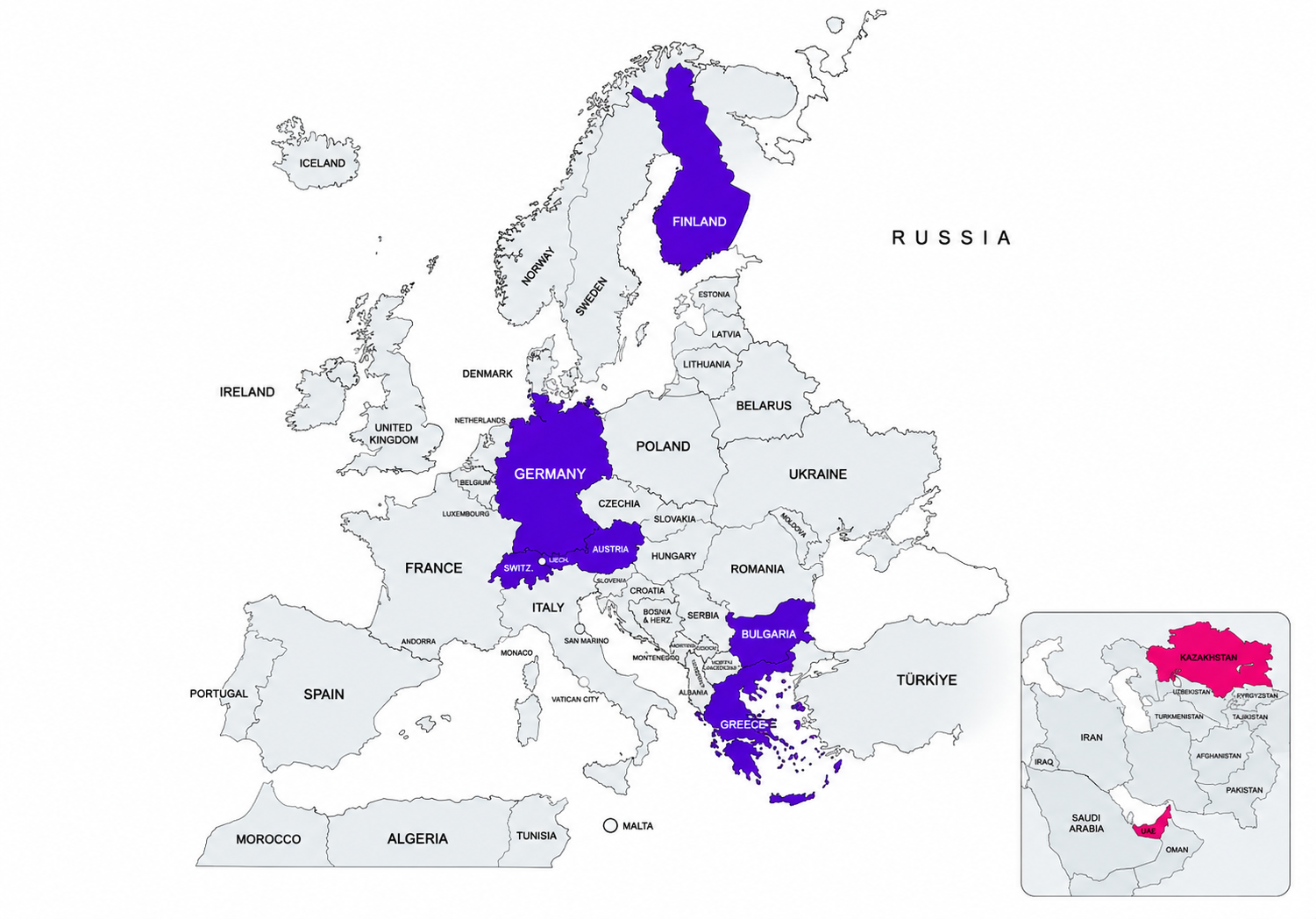 Map of Europe showing countries where events have been produced